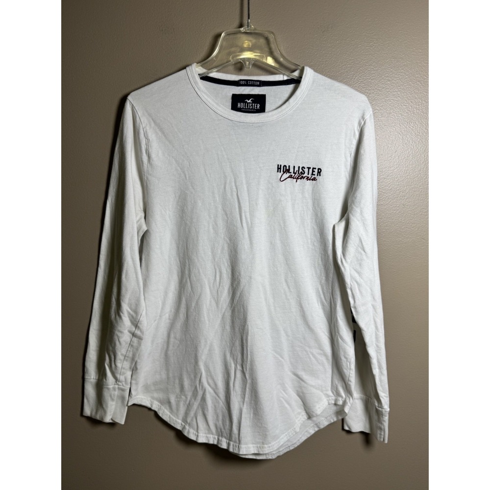 Hollister Mens White Long Sleeve Graphic Logo Curved Hem T-Shirt Size S
